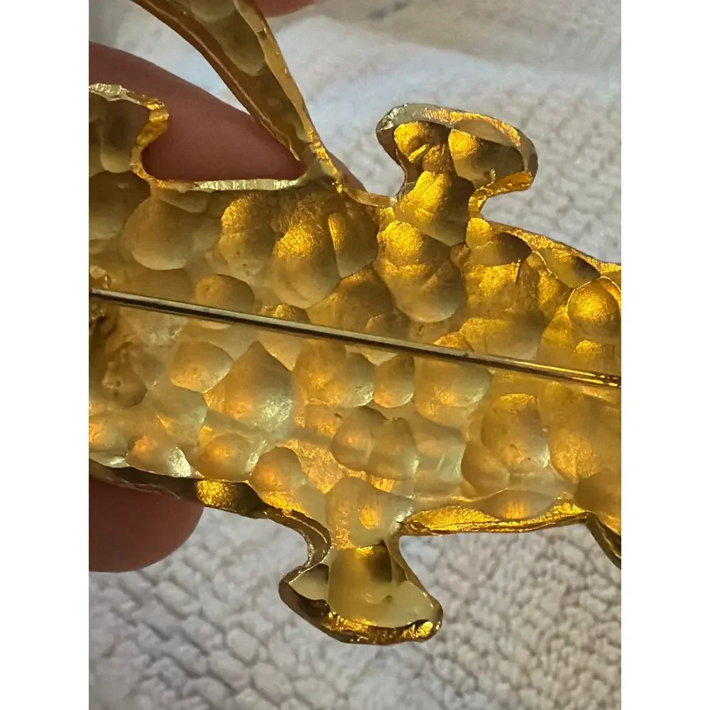 Vintage Hand Hammered Brass Crocodile Brooch Pin Large 4